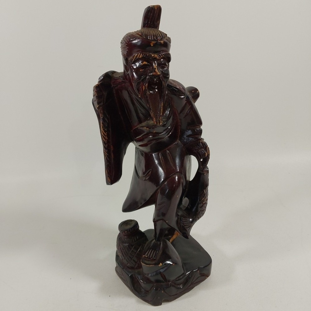 Chinese Cherry Amber Wood Statue Of Man With‎ Fish Base 12" Tall